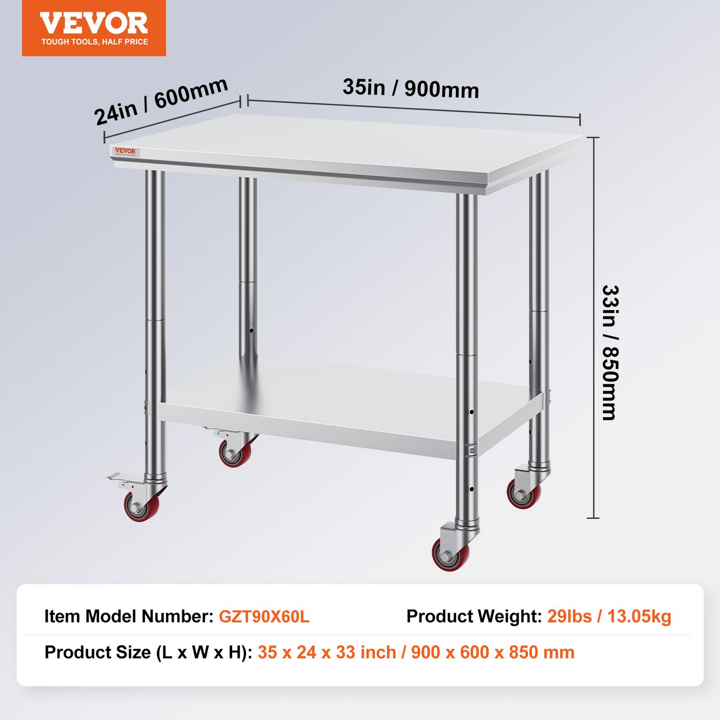 VEVOR Stainless Steel Work Table 36x24 Inch with 4 Wheels Commercial Food Prep Worktable with Casters Heavy Duty Work Table for Commercial Kitchen Restaurant