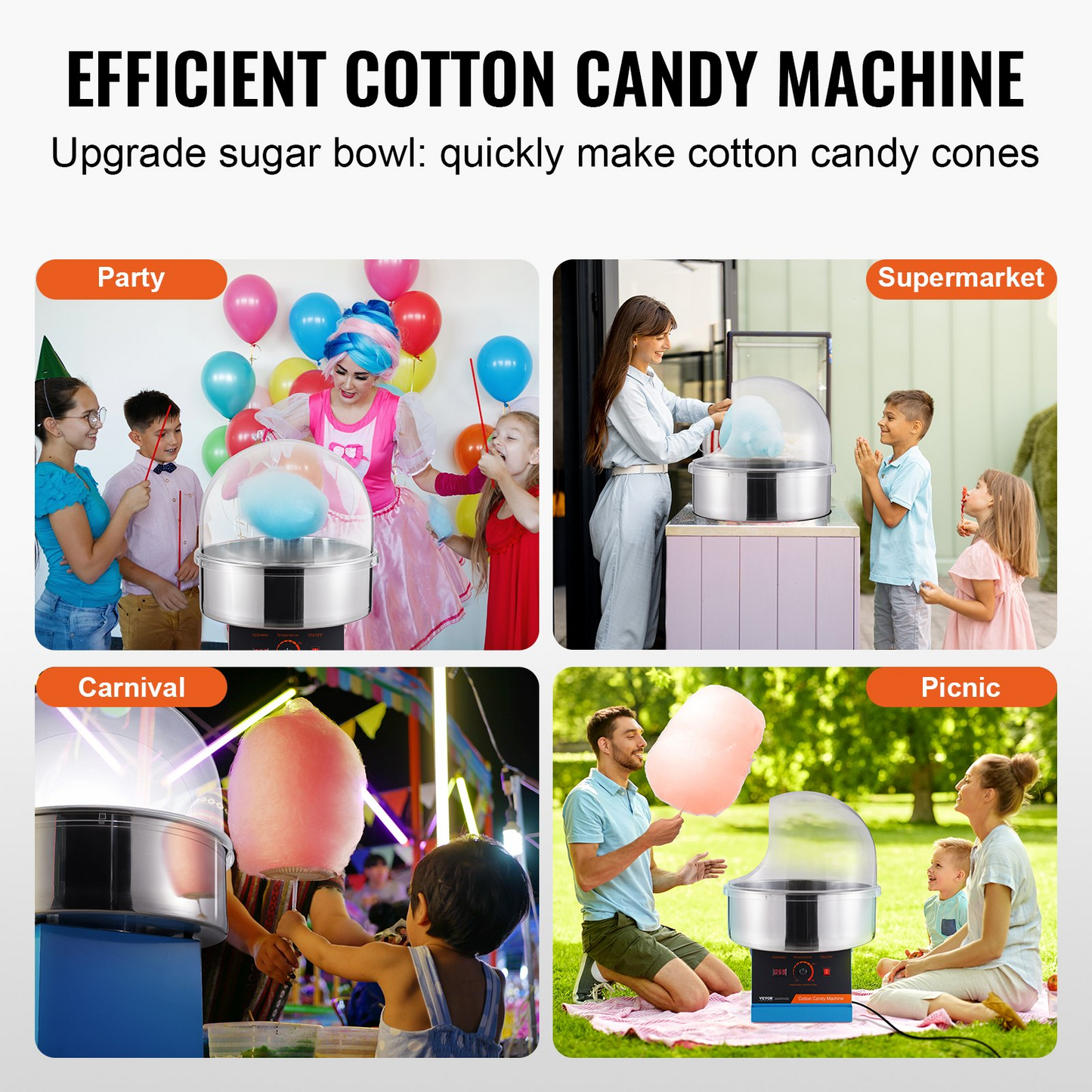 VEVOR Electric Cotton Candy Machine, 1000W Candy Floss Maker, Commercial Cotton Candy Machine with Cover, Stainless Steel Bowl, and Sugar Scoop, Perfect for Home Kids Birthday, Family Party (Blue)