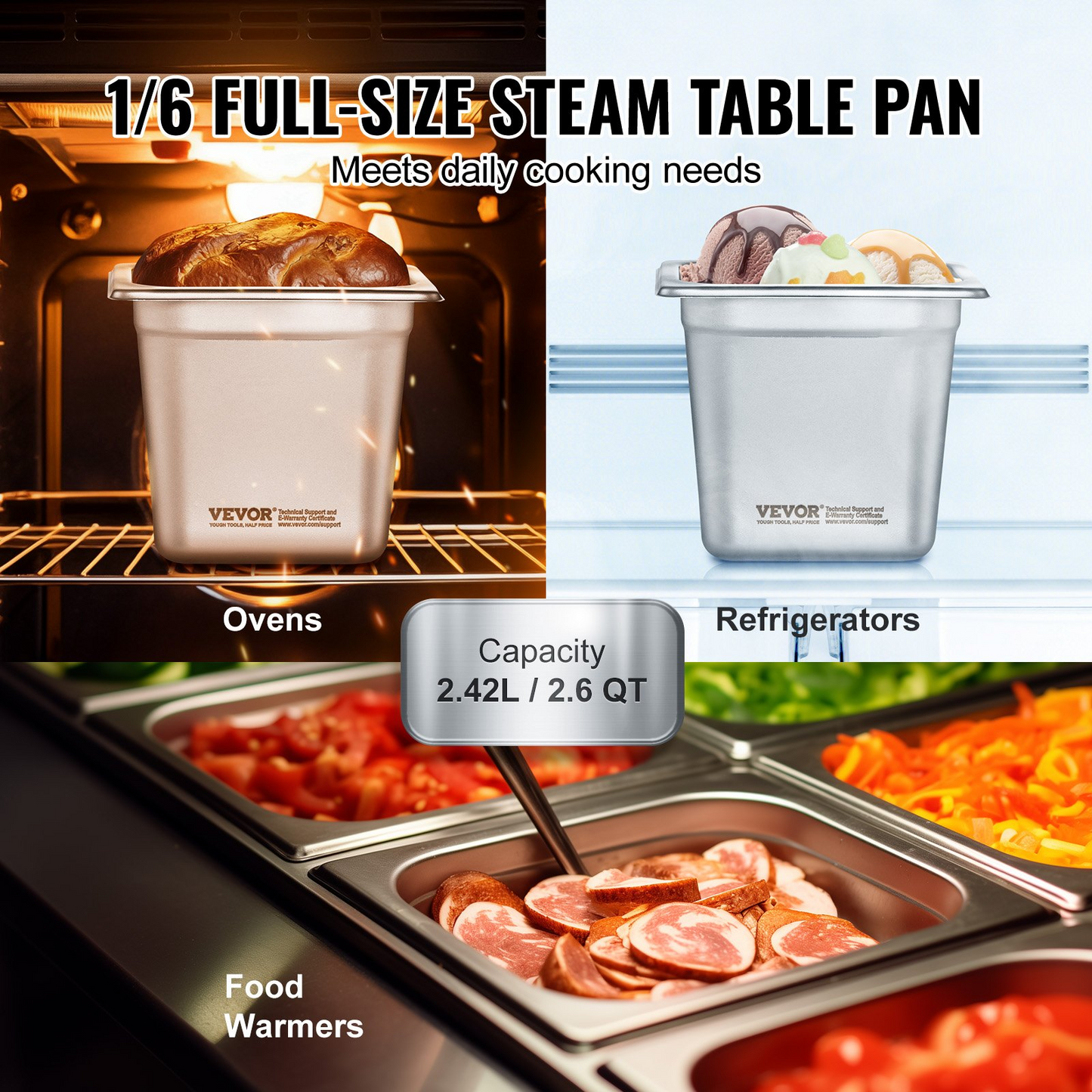 VEVOR 6 Pack Hotel Pans, 1/6  Size Anti-Jam Steam Pan, 0.8mm Thick Stainless Steel Restaurant Steam Table Pan, 6-Inch Deep Commercial Table Pan, Catering Storage Food Pan, for Industrial & Scientific