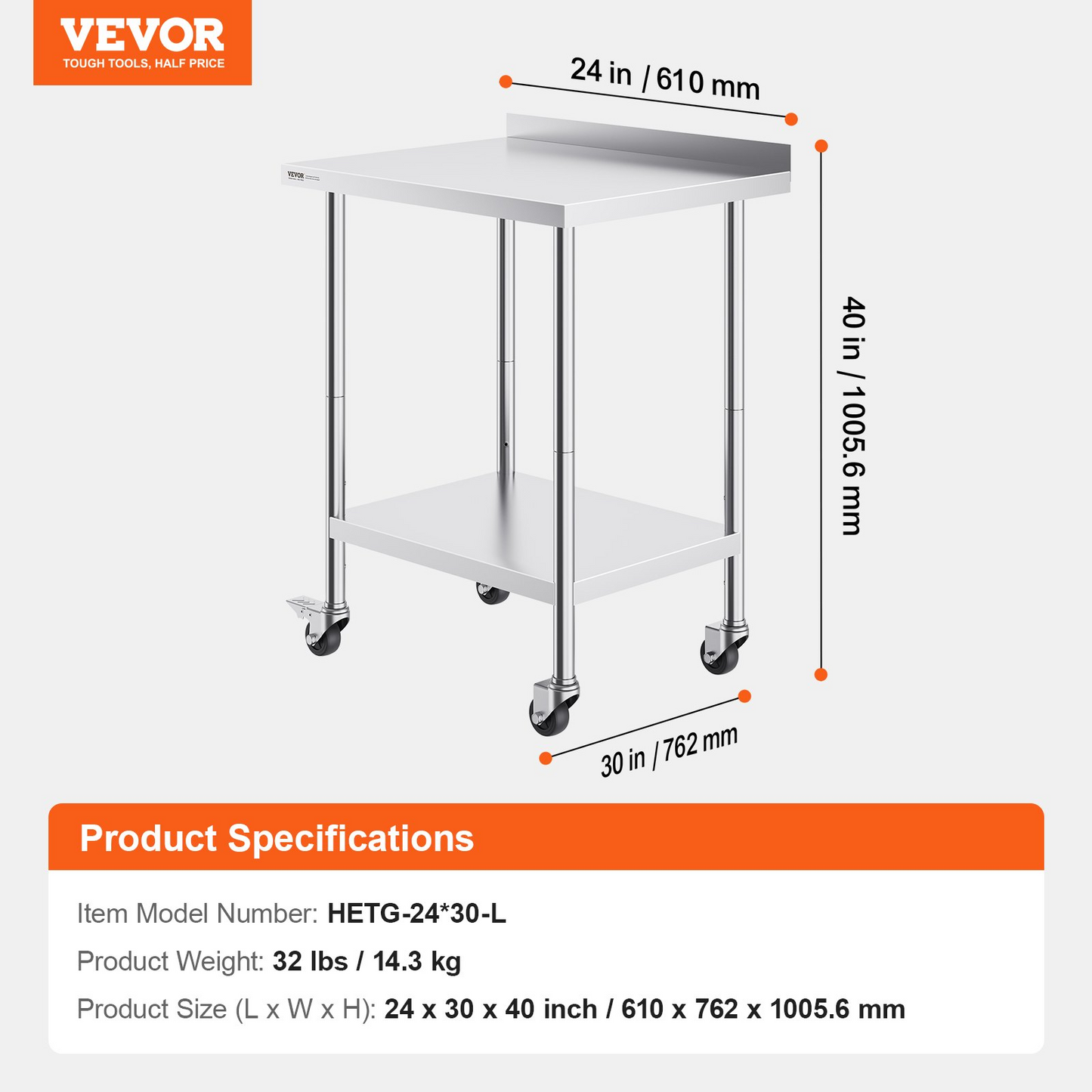 VEVOR 24 x 30 x 40 Inch Stainless Steel Work Table, Commercial Food Prep Worktable with Casters, Heavy Duty Prep Worktable, Metal Work Table with Adjustable Height for Restaurant, Home and Hotel