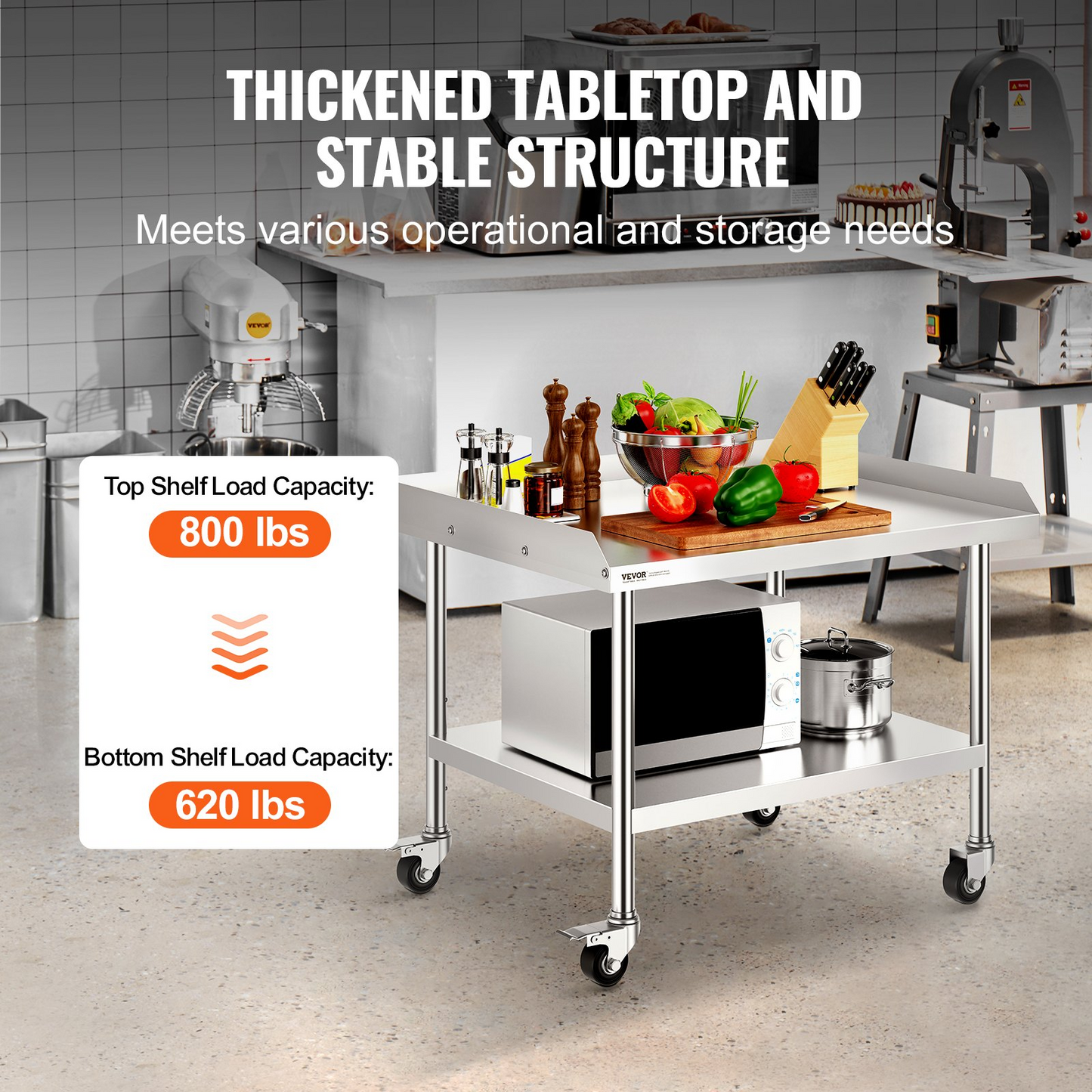 VEVOR Stainless Steel Work Table, 30 x 36 x 30 Inch Commercial Food Prep Worktable with 4 Wheels, Casters, 3-Sided Backsplash Heavy Duty Prep Worktable, Metal Work Table for Restaurant Home Hotel