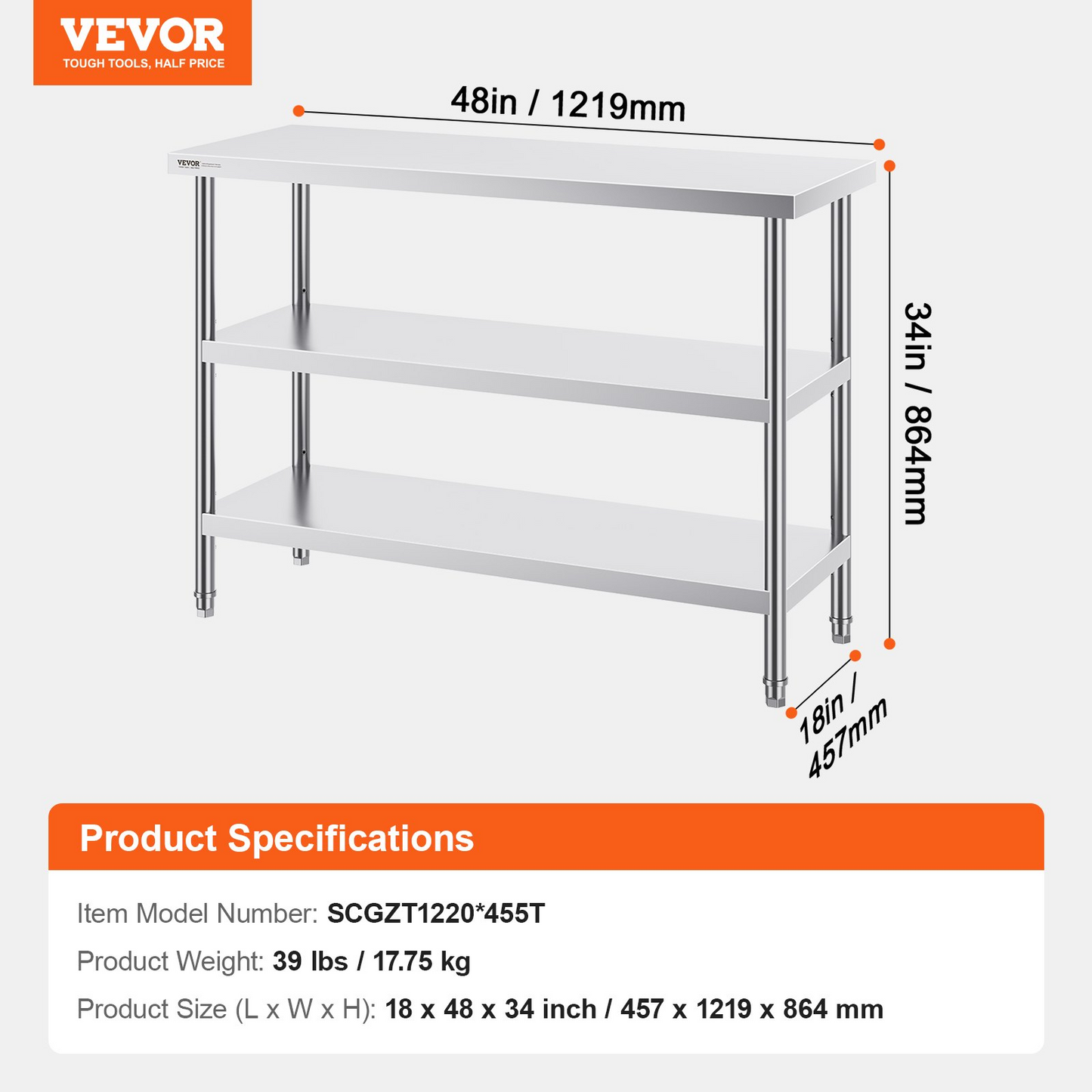 VEVOR Stainless Steel Food Prep Table, 18 x 48 x 34 Inch Commercial Kitchen Worktable, with 2 Adjustable Undershelf, Heavy Duty Prep Table Metal Work Table for BBQ, Kitchen, Home, and Garage