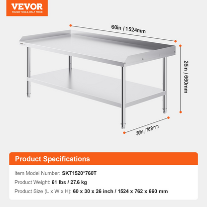 VEVOR Stainless Steel Work Table, 30 x 60 x 26 Inch Commercial Food Prep Worktable, 3-Sided Backsplash Heavy Duty Prep Worktable, Metal Work Table with Adjustable Height for Restaurant Home Hotel