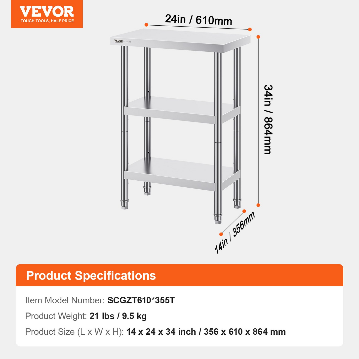 VEVOR Stainless Steel Food Prep Table, 14 x 24 x 34 Inch Commercial Kitchen Worktable, with 2 Adjustable Undershelf, Heavy Duty Prep Table Metal Work Table for BBQ, Kitchen, Home, and Garage