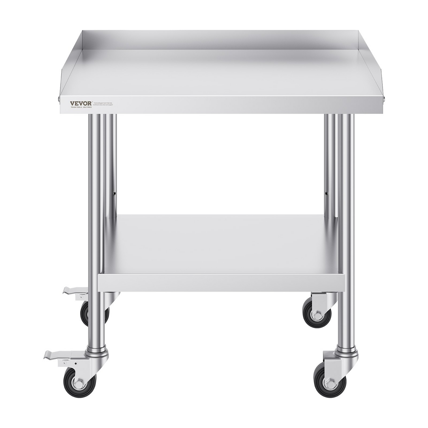 VEVOR Stainless Steel Work Table, 24 x 28 x 30 Inch Commercial Food Prep Worktable with 4 Wheels, Casters, 3-Sided Backsplash Heavy Duty Prep Worktable, Metal Work Table for Restaurant Home Hotel