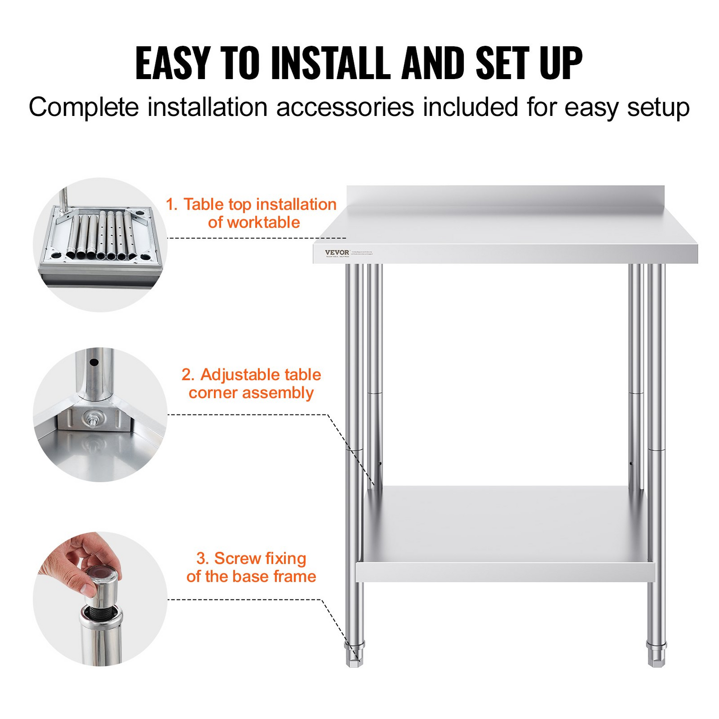 VEVOR 24 x 30 x 36 Inch Stainless Steel Work Table, Commercial Food Prep Worktable Heavy Duty Prep Worktable, Metal Work Table with Adjustable Height for Restaurant, Home and Hotel