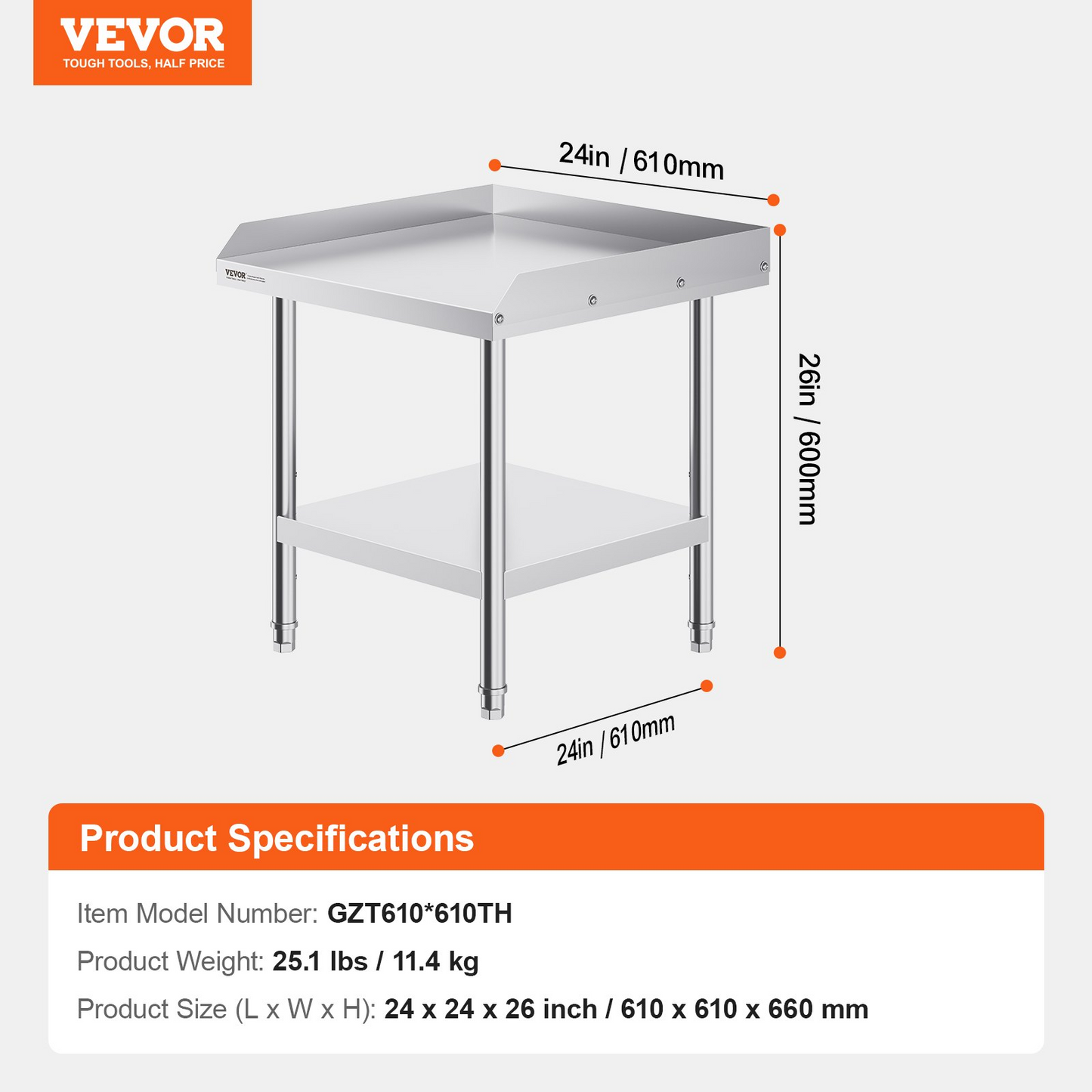 VEVOR Stainless Steel Work Table, 24 x 24 x 26 Inch Commercial Food Prep Worktable, 3-Sided Backsplash Heavy Duty Prep Worktable, Metal Work Table with Adjustable Height for Restaurant Home Hotel