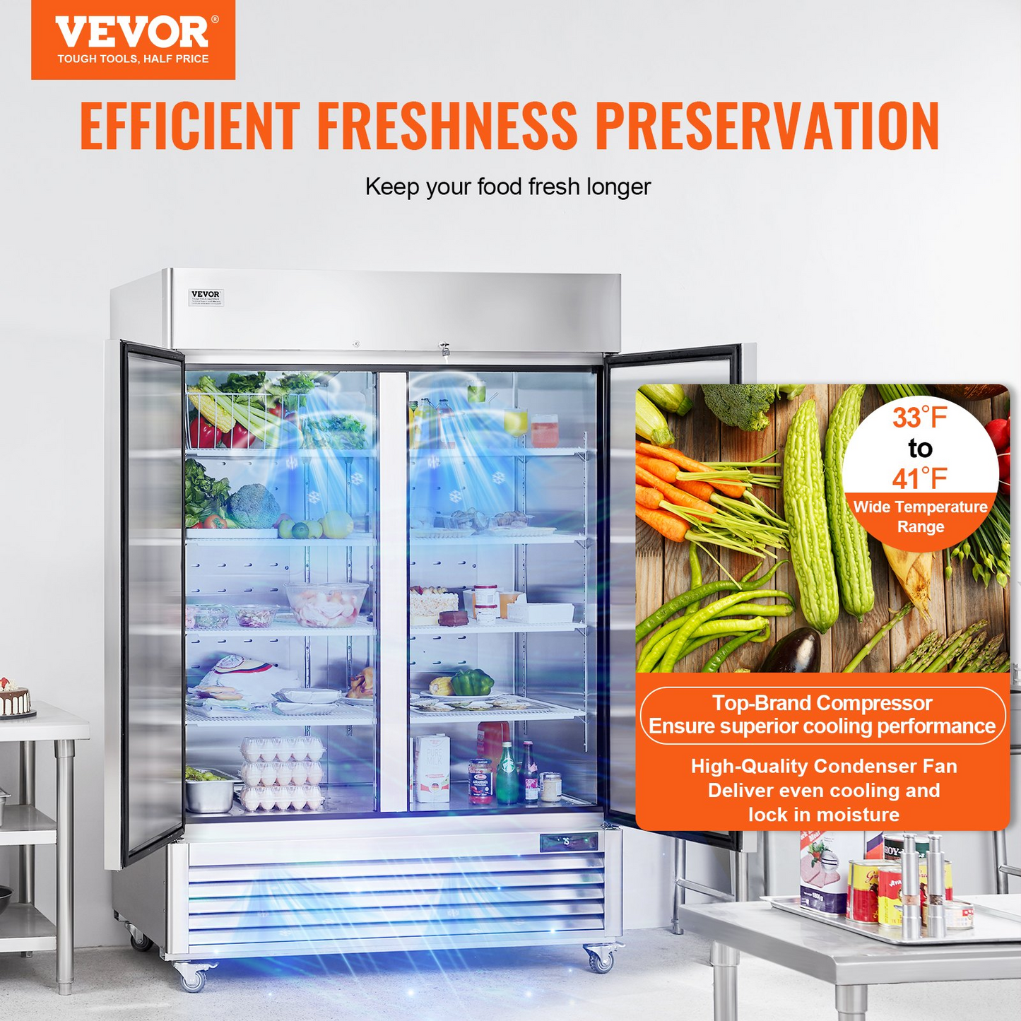 VEVOR Commercial Refrigerator 44.21 Cu.ft, Reach In 54.4" W Upright Refrigerator 2 Doors, Auto-Defrost Stainless Steel Reach-in Refrigerator with 8 Shelves, 33 to 41℉ Temp Control, LED Light, 4 Wheels