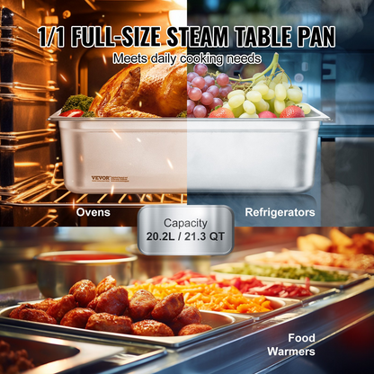 VEVOR 6 Pack Hotel Pans, Full Size Anti-Jam Steam Pan, 0.8mm Thick Stainless Steel Restaurant Steam Table Pan, 6-Inch Deep Commercial Table Pan, Catering Storage Food Pan, for Industrial & Scientific