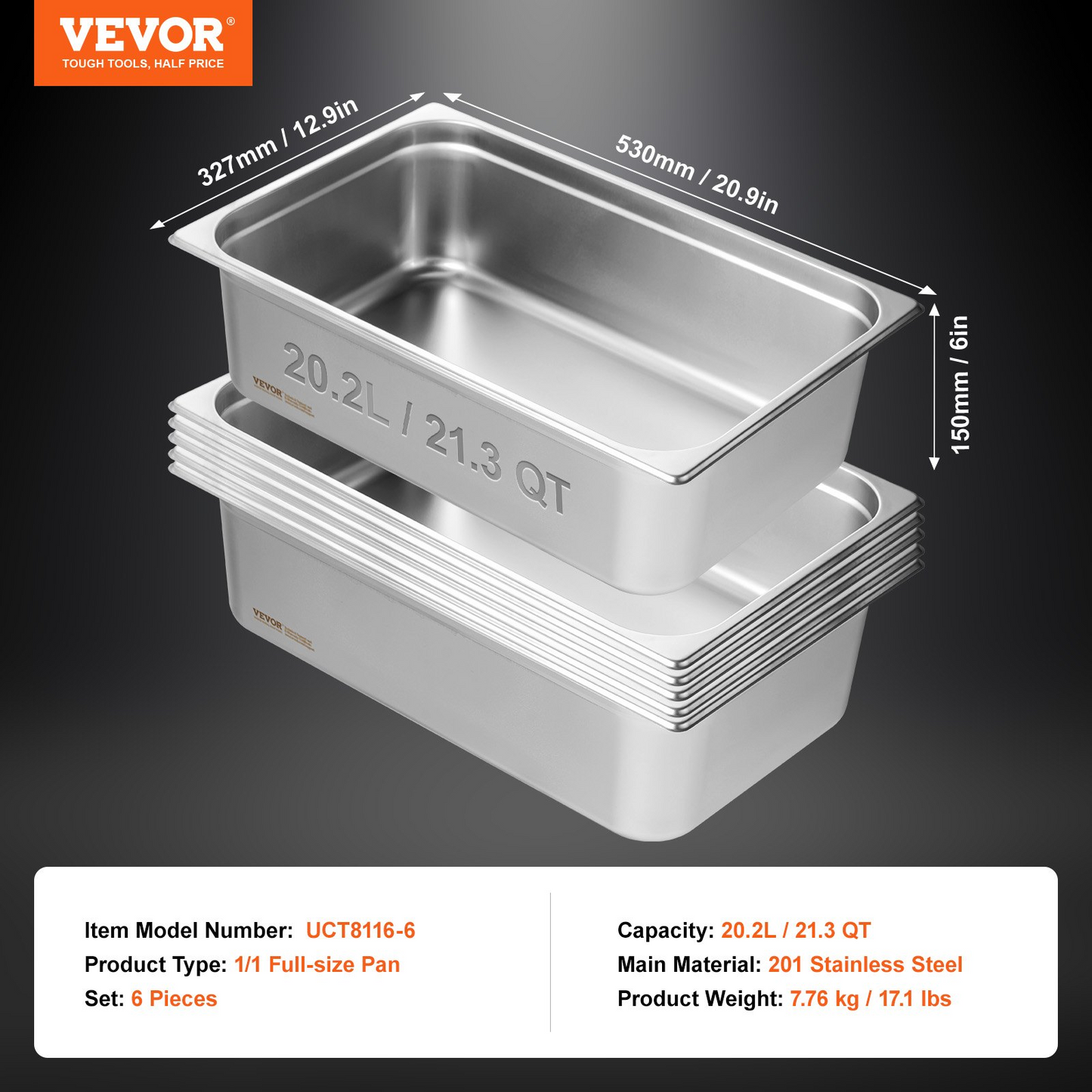 VEVOR 6 Pack Hotel Pans, Full Size Anti-Jam Steam Pan, 0.8mm Thick Stainless Steel Restaurant Steam Table Pan, 6-Inch Deep Commercial Table Pan, Catering Storage Food Pan, for Industrial & Scientific