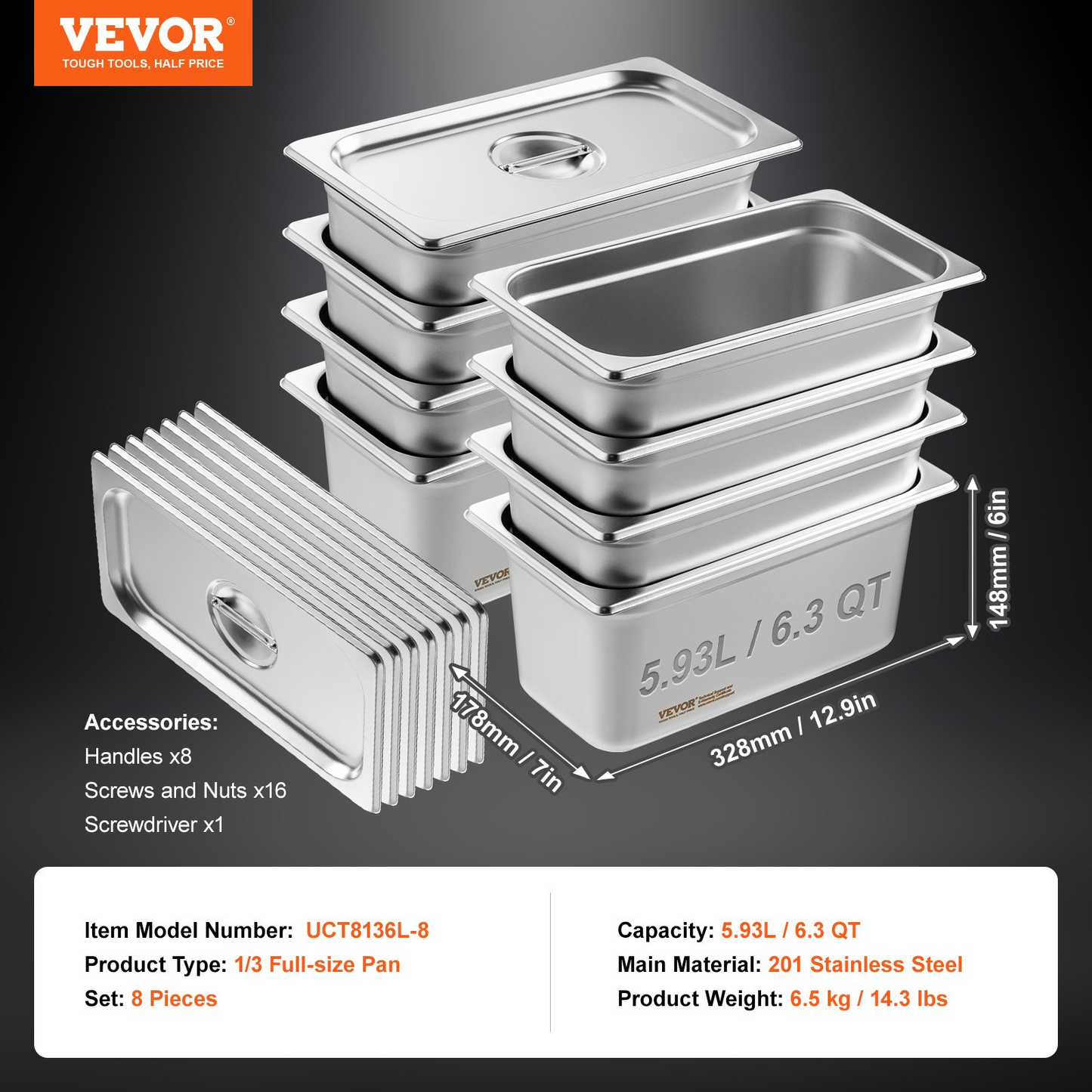 VEVOR 8 Pack Hotel Pans, 1/3 Size Anti-Jam Steam Pan with Lid, 0.8mm Thick Stainless Steel Steam Table Pan, 6-Inch Deep Commercial Table Pan, Catering Storage Food Pan, for Industrial & Scientific