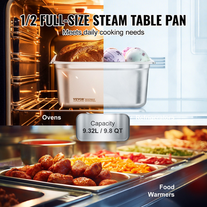 VEVOR 6 Pack Hotel Pans, 1/2 Size Anti-Jam Steam Pan, 0.8mm Thick Stainless Steel Restaurant Steam Table Pan, 6-Inch Deep Commercial Table Pan, Catering Storage Food Pan, for Industrial & Scientific