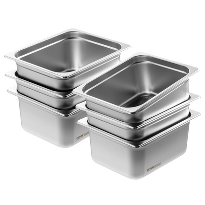 VEVOR 6 Pack Hotel Pans, 1/2 Size Anti-Jam Steam Pan, 0.8mm Thick Stainless Steel Restaurant Steam Table Pan, 6-Inch Deep Commercial Table Pan, Catering Storage Food Pan, for Industrial & Scientific