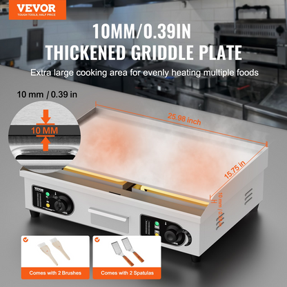 VEVOR Commercial Electric Griddle, 2800W Countertop Flat Top Grill, 122℉-572 ℉ Adjustable Temp, 25.98 x 15.75 x 0.39in Stainless Steel Griddle Grill with 2 Shovels and 2 Brushes for Home or Restaurant