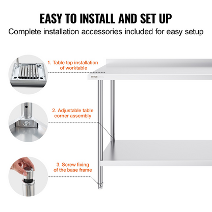 VEVOR 24 x 60 x 36 Inch Stainless Steel Work Table, Commercial Food Prep Worktable Heavy Duty Prep Worktable, Metal Work Table with Adjustable Height for Restaurant, Home and Hotel