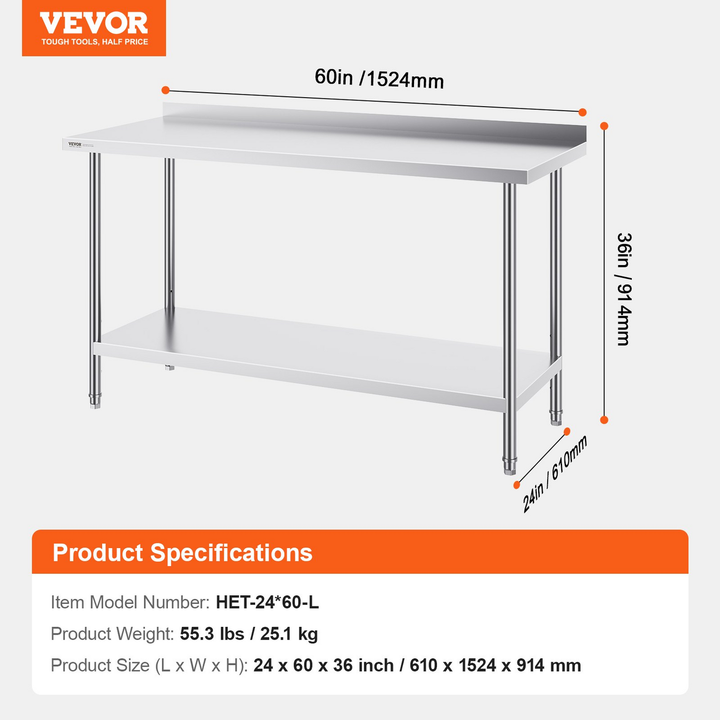 VEVOR 24 x 60 x 36 Inch Stainless Steel Work Table, Commercial Food Prep Worktable Heavy Duty Prep Worktable, Metal Work Table with Adjustable Height for Restaurant, Home and Hotel