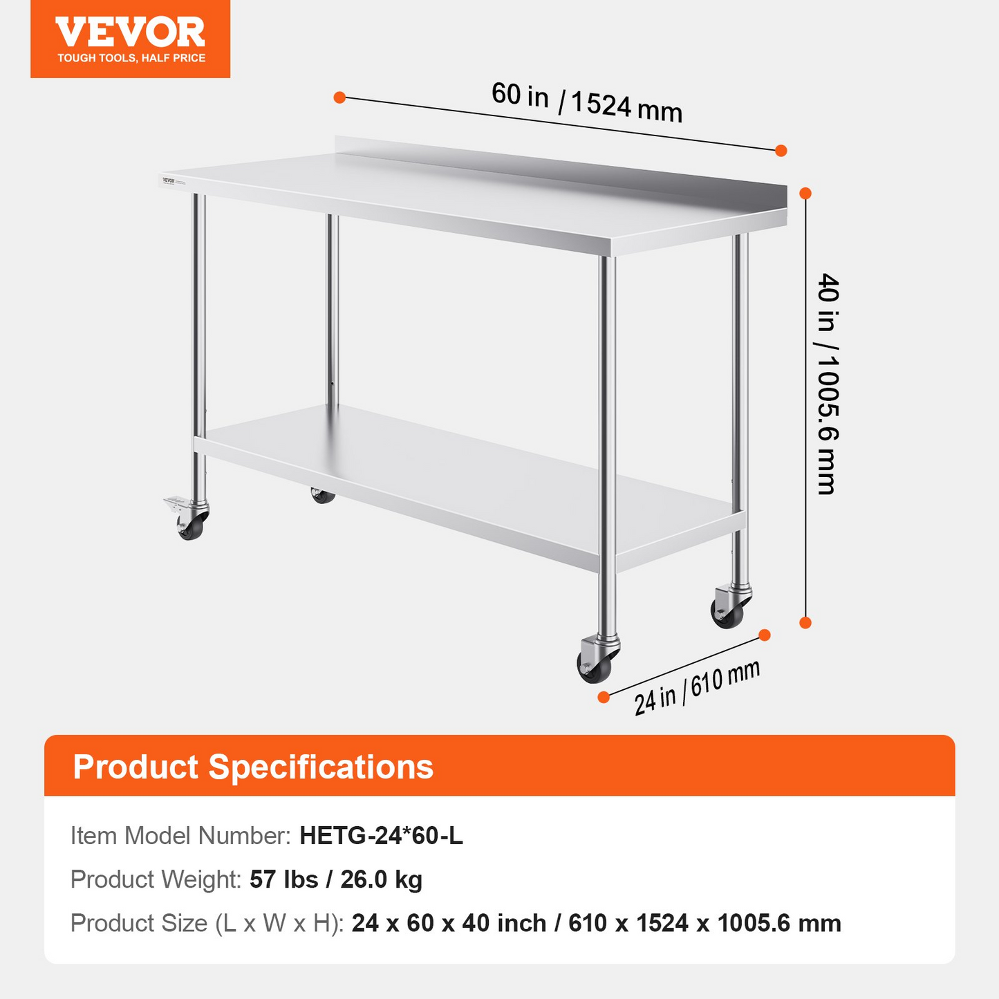 VEVOR 24 x 60 x 40 Inch Stainless Steel Work Table, Commercial Food Prep Worktable with Casters, Heavy Duty Prep Worktable, Metal Work Table with Adjustable Height for Restaurant, Home and Hotel