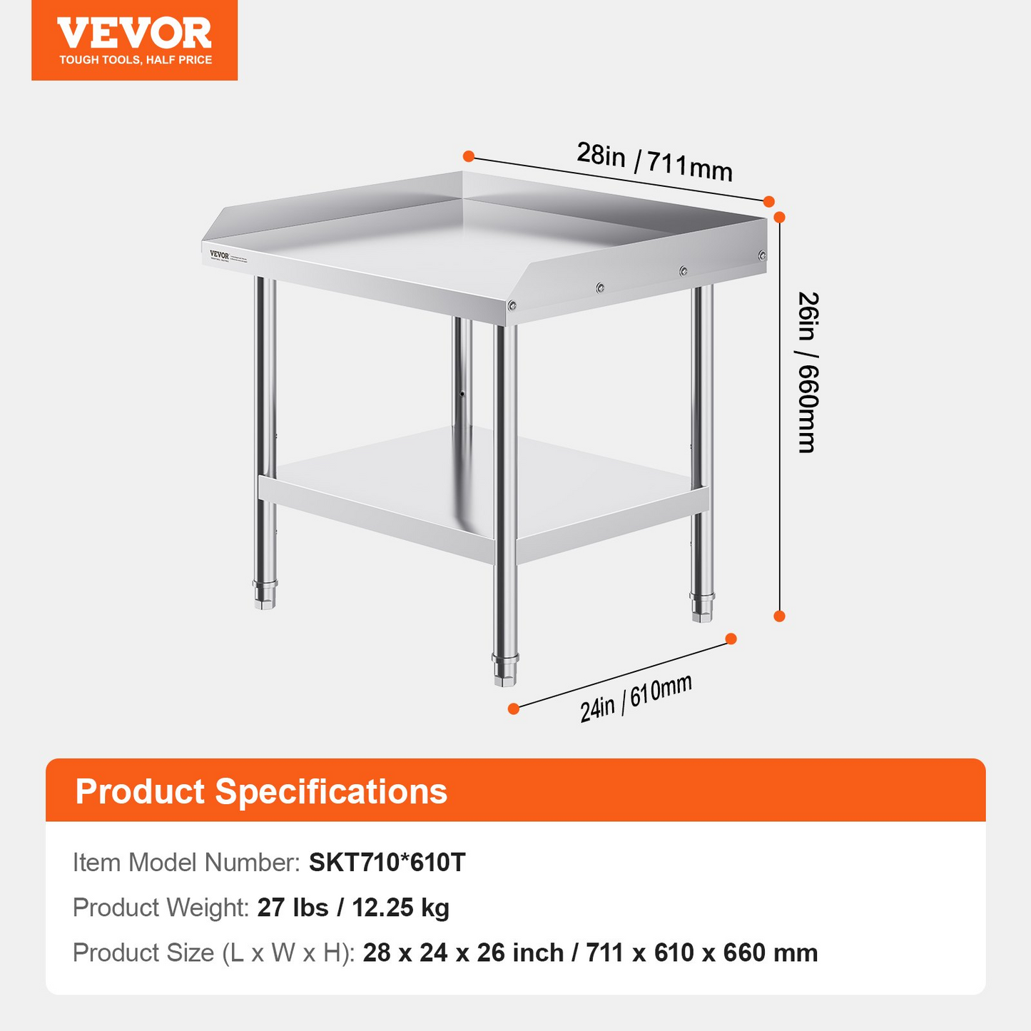 VEVOR Stainless Steel Work Table, 24 x 28 x 26 Inch Commercial Food Prep Worktable, 3-Sided Backsplash Heavy Duty Prep Worktable, Metal Work Table with Adjustable Height for Restaurant Home Hotel