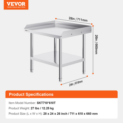 VEVOR Stainless Steel Work Table, 24 x 28 x 26 Inch Commercial Food Prep Worktable, 3-Sided Backsplash Heavy Duty Prep Worktable, Metal Work Table with Adjustable Height for Restaurant Home Hotel