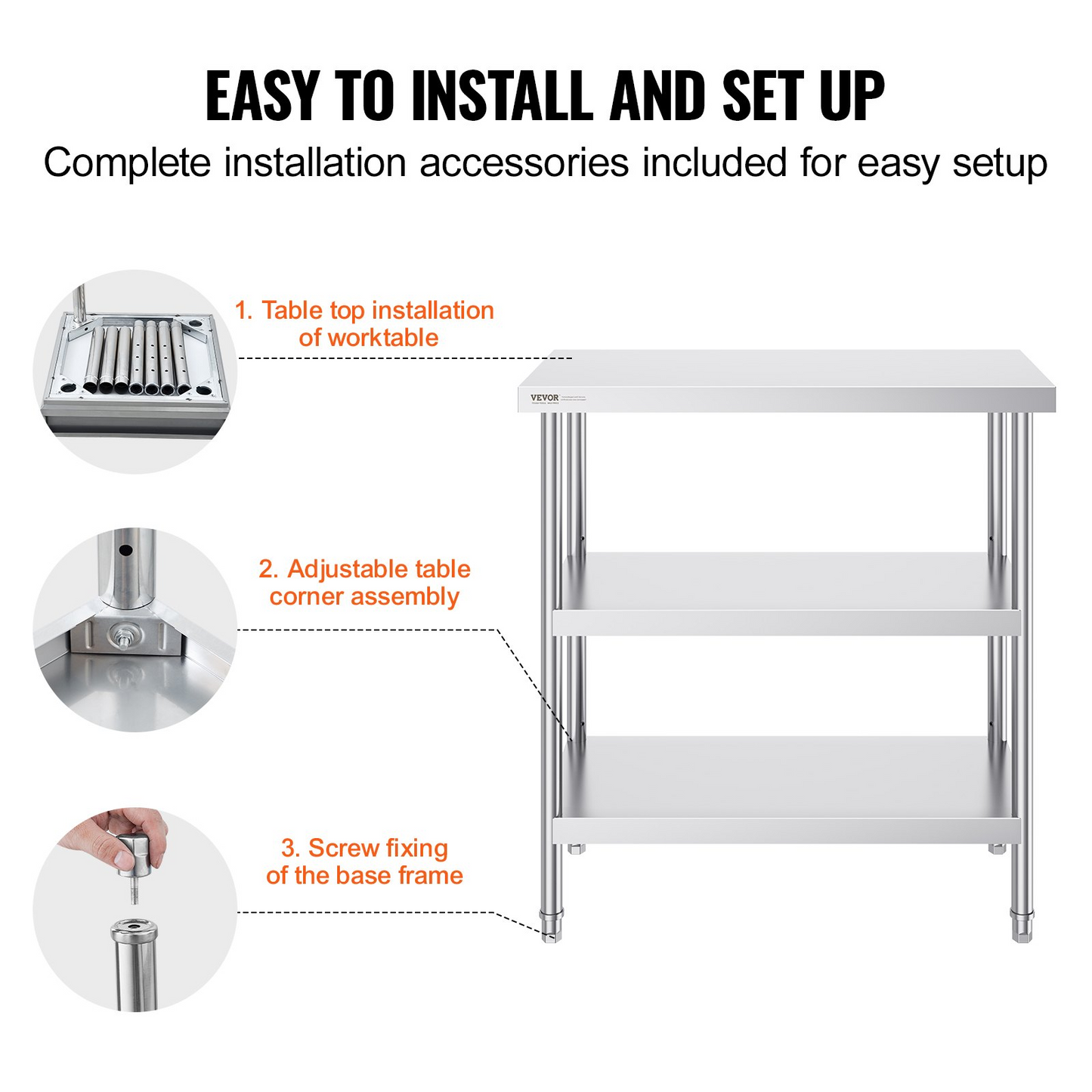 VEVOR Stainless Steel Food Prep Table, 18 x 36 x 34 Inch Commercial Kitchen Worktable, with 2 Adjustable Undershelf, Heavy Duty Prep Table Metal Work Table for BBQ, Kitchen, Home, and Garage