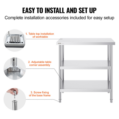 VEVOR Stainless Steel Food Prep Table, 18 x 36 x 34 Inch Commercial Kitchen Worktable, with 2 Adjustable Undershelf, Heavy Duty Prep Table Metal Work Table for BBQ, Kitchen, Home, and Garage