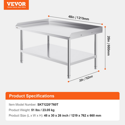 VEVOR Stainless Steel Work Table, 30 x 48 x 26 Inch Commercial Food Prep Worktable, 3-Sided Backsplash Heavy Duty Prep Worktable, Metal Work Table with Adjustable Height for Restaurant Home Hotel