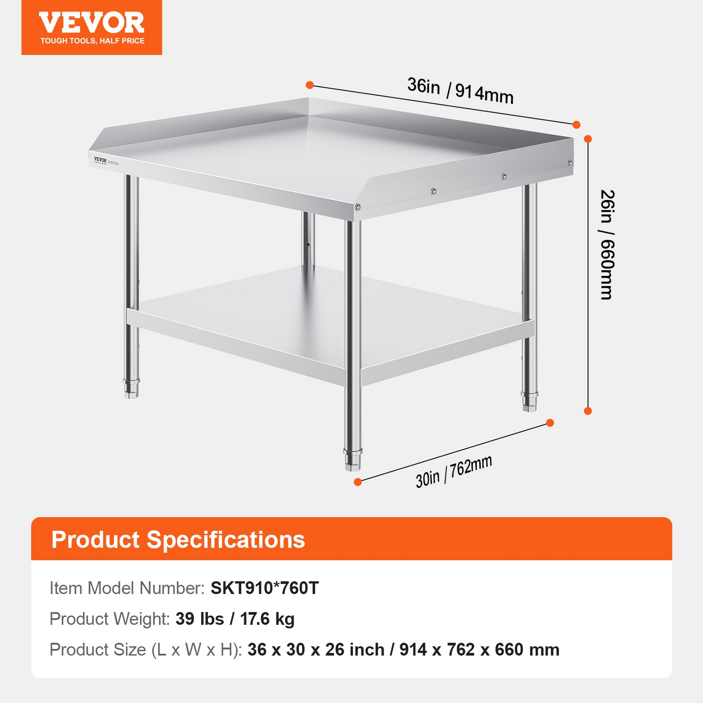 VEVOR Stainless Steel Work Table, 30 x 36 x 26 Inch Commercial Food Prep Worktable, 3-Sided Backsplash Heavy Duty Prep Worktable, Metal Work Table with Adjustable Height for Restaurant Home Hotel