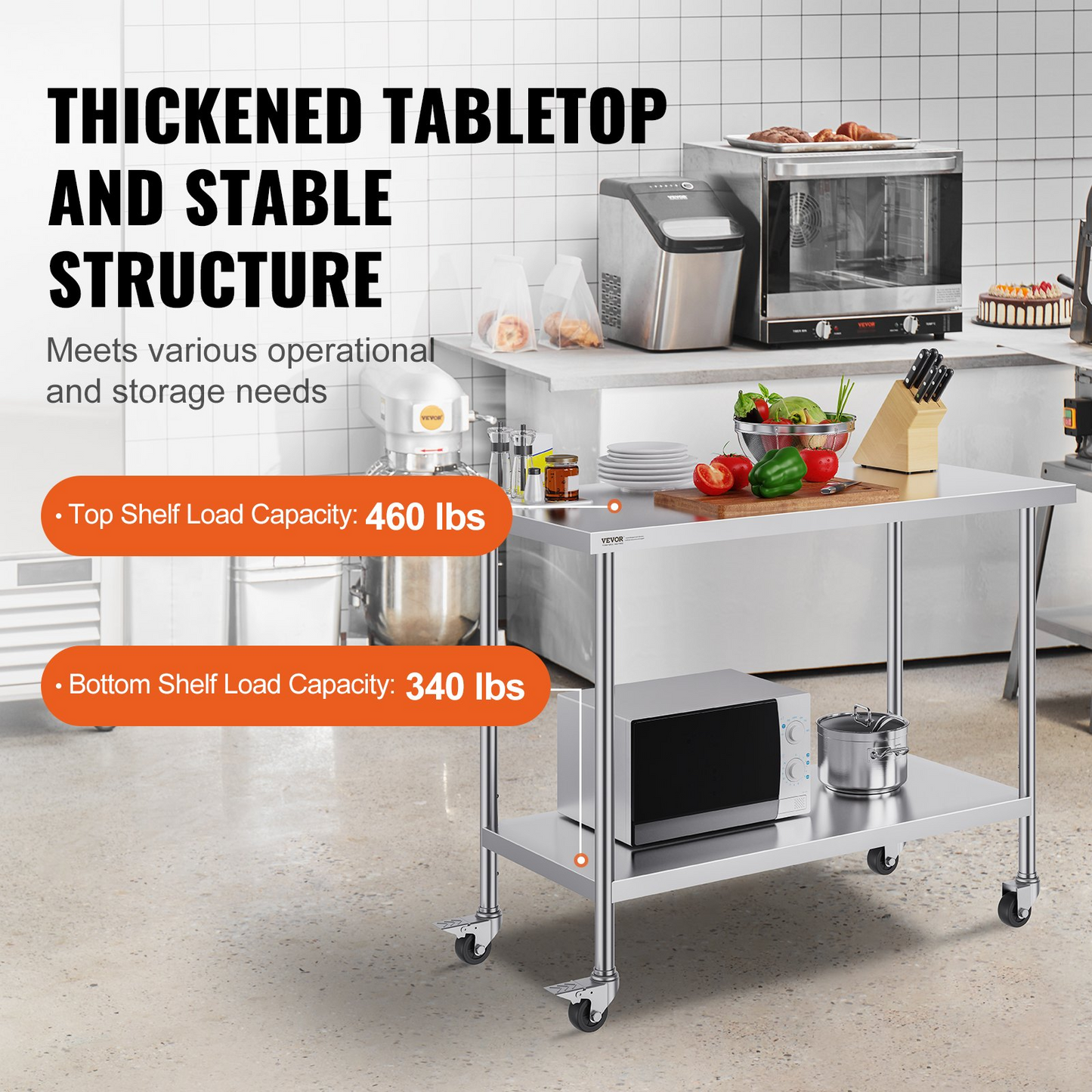 VEVOR Stainless Steel Work Table 24 x 48 x 38 Inch, with 4 Wheels, 3 Adjustable Height Levels, Heavy Duty Food Prep Worktable for Commercial Kitchen Restaurant, Silver