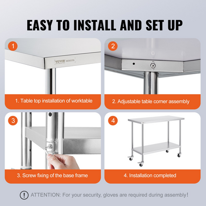 VEVOR Stainless Steel Work Table 24 x 48 x 38 Inch, with 4 Wheels, 3 Adjustable Height Levels, Heavy Duty Food Prep Worktable for Commercial Kitchen Restaurant, Silver