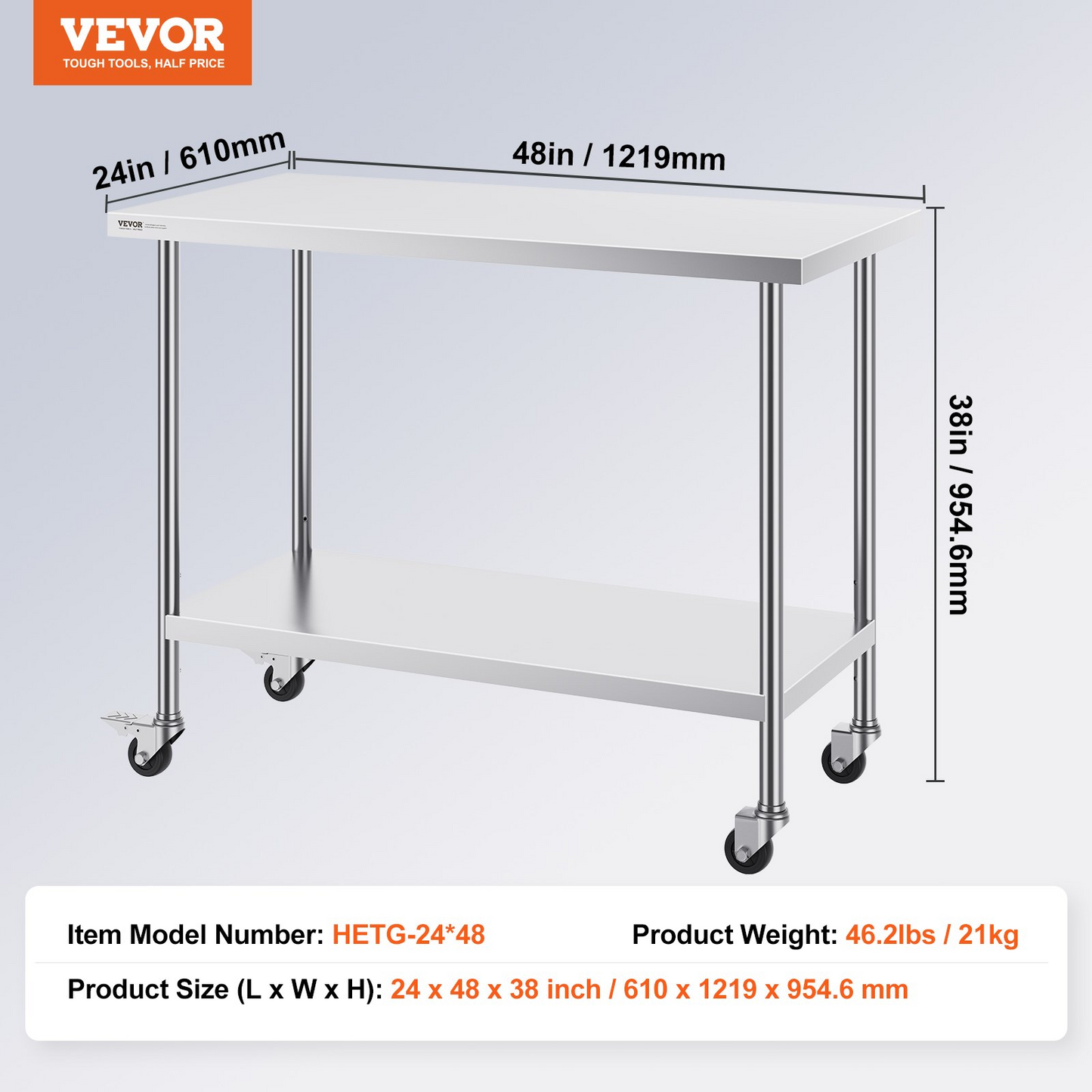 VEVOR Stainless Steel Work Table 24 x 48 x 38 Inch, with 4 Wheels, 3 Adjustable Height Levels, Heavy Duty Food Prep Worktable for Commercial Kitchen Restaurant, Silver