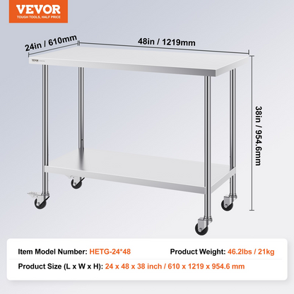 VEVOR Stainless Steel Work Table 24 x 48 x 38 Inch, with 4 Wheels, 3 Adjustable Height Levels, Heavy Duty Food Prep Worktable for Commercial Kitchen Restaurant, Silver