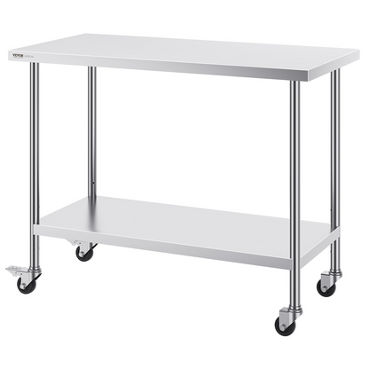 VEVOR Stainless Steel Work Table 24 x 48 x 38 Inch, with 4 Wheels, 3 Adjustable Height Levels, Heavy Duty Food Prep Worktable for Commercial Kitchen Restaurant, Silver