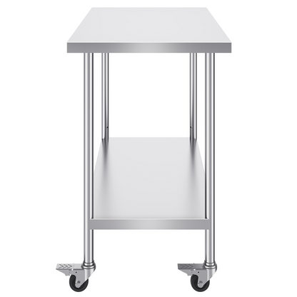 VEVOR Stainless Steel Work Table 24 x 48 x 38 Inch, with 4 Wheels, 3 Adjustable Height Levels, Heavy Duty Food Prep Worktable for Commercial Kitchen Restaurant, Silver