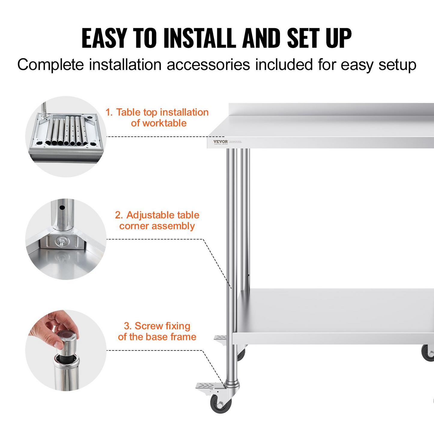 VEVOR 24 x 36 x 40 Inch Stainless Steel Work Table, Commercial Food Prep Worktable with Casters, Heavy Duty Prep Worktable, Metal Work Table with Adjustable Height for Restaurant, Home and Hotel