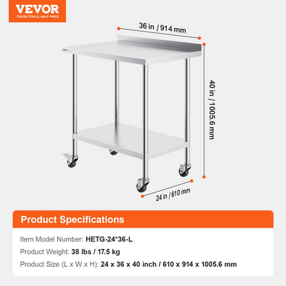 VEVOR 24 x 36 x 40 Inch Stainless Steel Work Table, Commercial Food Prep Worktable with Casters, Heavy Duty Prep Worktable, Metal Work Table with Adjustable Height for Restaurant, Home and Hotel