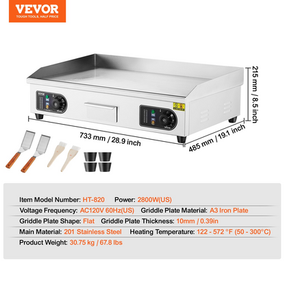 VEVOR Commercial Electric Griddle, 2800W Countertop Flat Top Grill, 122℉-572 ℉ Adjustable Temp, 28.74 x 15.75 x 0.39in Stainless Steel Griddle Grill with 2 Shovels and 2 Brushes for Home or Restaurant