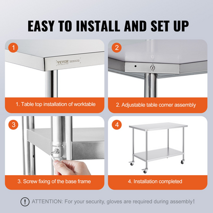 VEVOR Stainless Steel Work Table 30 x 48 x 38 Inch, with 4 Wheels, 3 Adjustable Height Levels, Heavy Duty Food Prep Worktable for Commercial Kitchen Restaurant, Silver