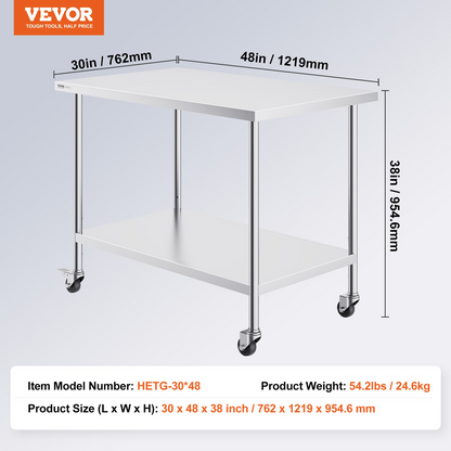 VEVOR Stainless Steel Work Table 30 x 48 x 38 Inch, with 4 Wheels, 3 Adjustable Height Levels, Heavy Duty Food Prep Worktable for Commercial Kitchen Restaurant, Silver