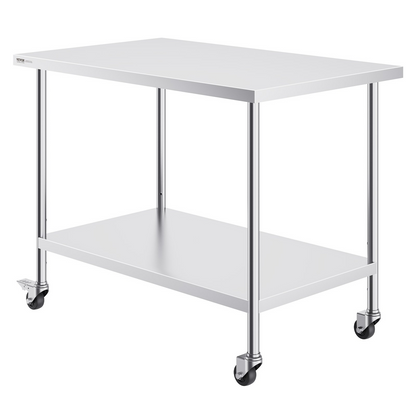 VEVOR Stainless Steel Work Table 30 x 48 x 38 Inch, with 4 Wheels, 3 Adjustable Height Levels, Heavy Duty Food Prep Worktable for Commercial Kitchen Restaurant, Silver