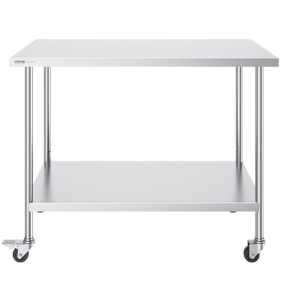 VEVOR Stainless Steel Work Table 30 x 48 x 38 Inch, with 4 Wheels, 3 Adjustable Height Levels, Heavy Duty Food Prep Worktable for Commercial Kitchen Restaurant, Silver