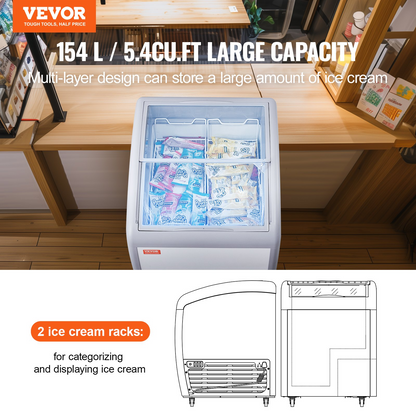 VEVOR Commercial Ice Cream Display Case, 5.4 Cu.ft Chest Freezer, Mobile Glass Top Deep Freezer, Restaurant Gelato Dipping Cabinet with 2 Wire Baskets, 2 Sliding Glass Doors, Locking Casters, White