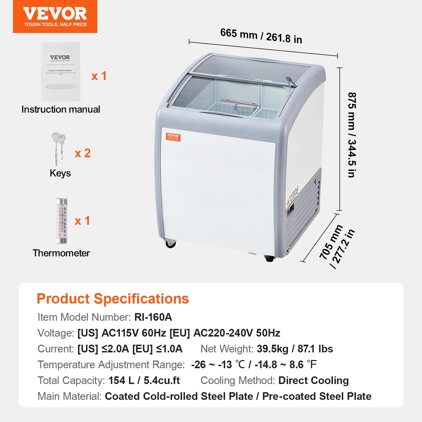 VEVOR Commercial Ice Cream Display Case, 5.4 Cu.ft Chest Freezer, Mobile Glass Top Deep Freezer, Restaurant Gelato Dipping Cabinet with 2 Wire Baskets, 2 Sliding Glass Doors, Locking Casters, White