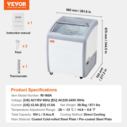 VEVOR Commercial Ice Cream Display Case, 5.4 Cu.ft Chest Freezer, Mobile Glass Top Deep Freezer, Restaurant Gelato Dipping Cabinet with 2 Wire Baskets, 2 Sliding Glass Doors, Locking Casters, White