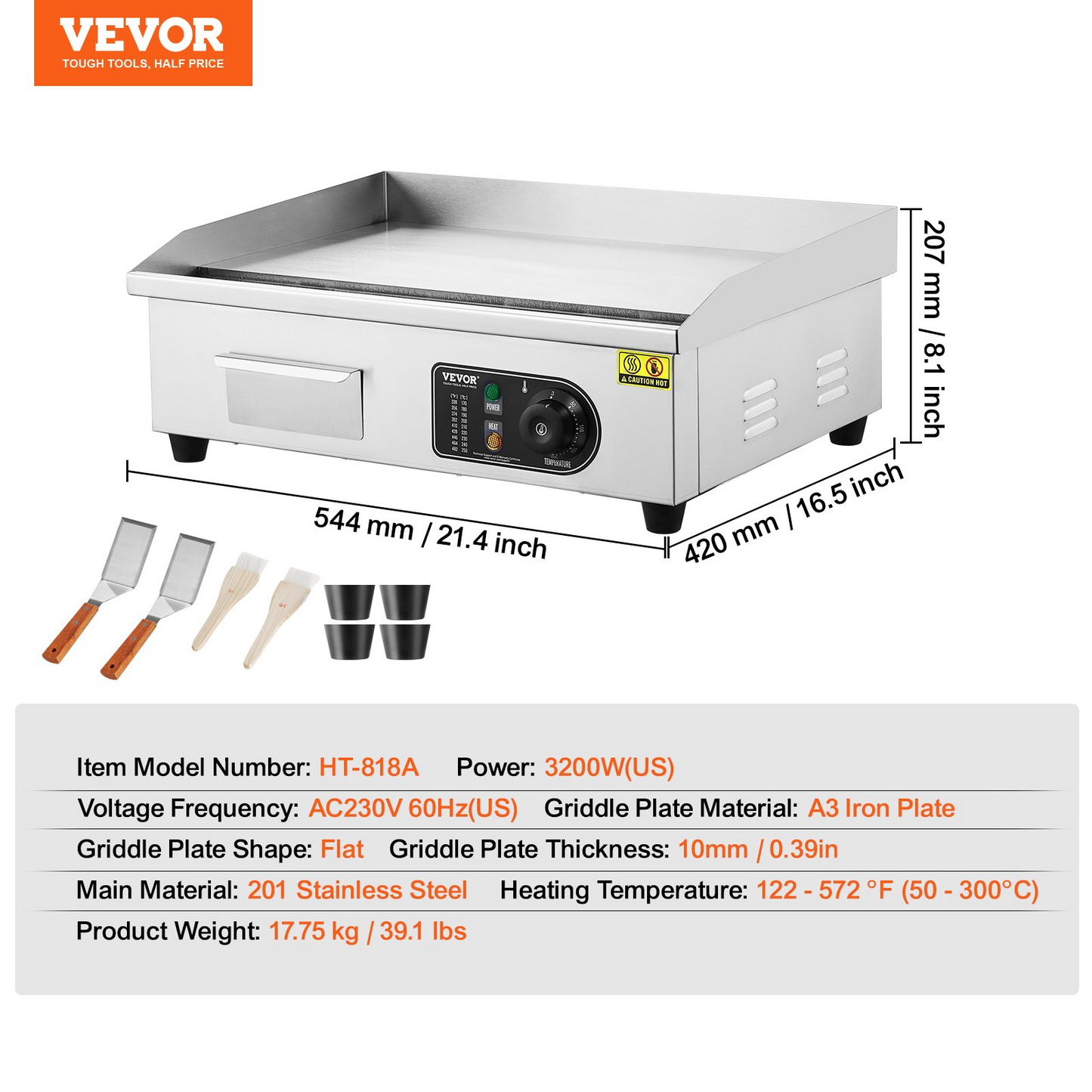 VEVOR Commercial Electric Griddle 3200 W Countertop Flat Top Grill 122℉-572℉