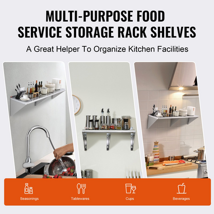 VEVOR 18" x 72" Stainless Steel Shelf, Wall Mounted Floating Shelving with Brackets, 500 lbs Load Capacity Commercial Shelves, Heavy Duty Storage Rack for Restaurant, Kitchen, Bar, Home, and Hotel