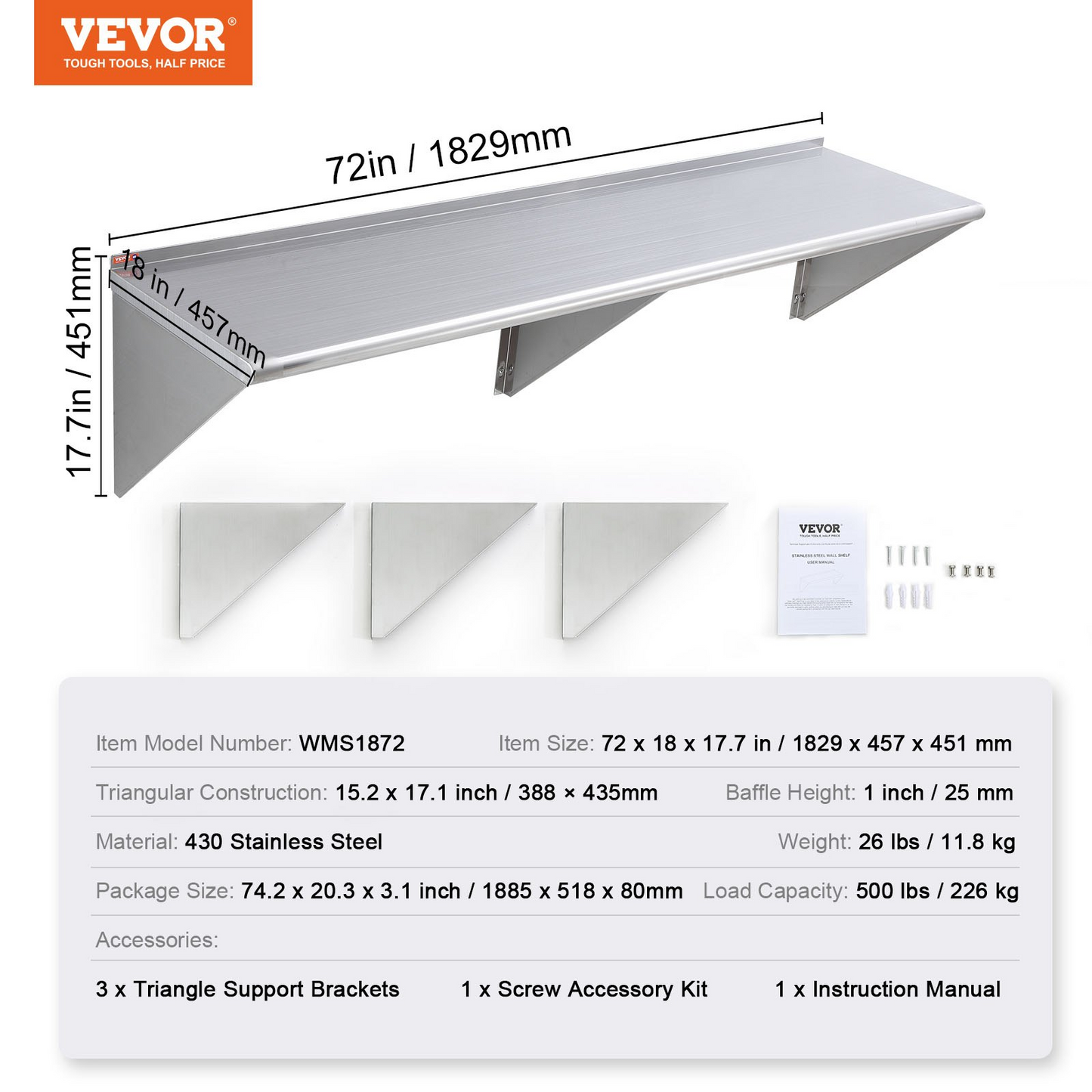 VEVOR 18" x 72" Stainless Steel Shelf, Wall Mounted Floating Shelving with Brackets, 500 lbs Load Capacity Commercial Shelves, Heavy Duty Storage Rack for Restaurant, Kitchen, Bar, Home, and Hotel