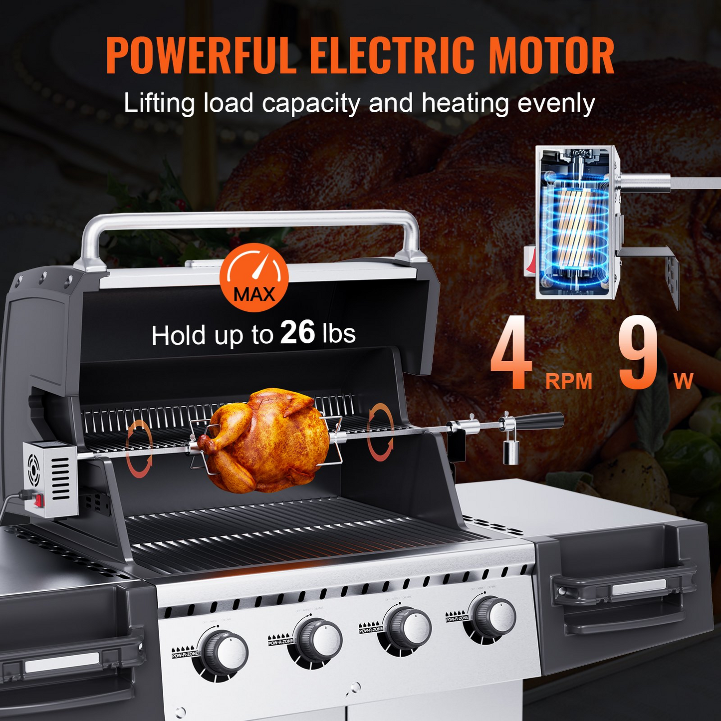 VEVOR Universal Grill Rotisserie Kit for Grills, Electric BBQ Grill with 110V 9W Motor, Stainless Steel Automatic Grilling Kit, Heavy Duty 32"/39" Hexagon Spit Rod, 26 lbs Capacity Grill Attachment