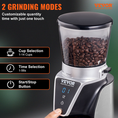 VEVOR Conical Burr Grinder, Electric Adjustable Burr Mill with 51 Precise Grind Setting, 9.7-Ounce 13 Cups Coffee Bean Grinder, Perfect for Drip, Mocha, Hand Brew, French Press, Espresso, Silver