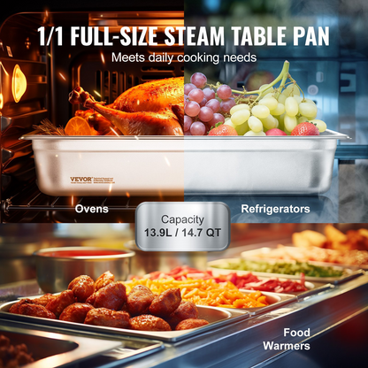 VEVOR Hotel Pan, Full Size Anti-Jam Steam Pan, 0.8mm Thick Stainless Steel Restaurant Steam Table Pan, 4-Inch Deep Commercial Table Pan, Catering Storage Food Pan, for Industrial & Scientific