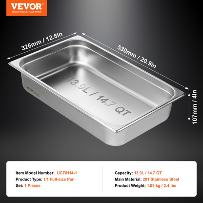 VEVOR Hotel Pan, Full Size Anti-Jam Steam Pan, 0.8mm Thick Stainless Steel Restaurant Steam Table Pan, 4-Inch Deep Commercial Table Pan, Catering Storage Food Pan, for Industrial & Scientific